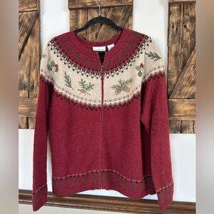 Croft and Barrow Fair Isle Pinecone Fall Zip Cardigan Y2K Sweater Size Large